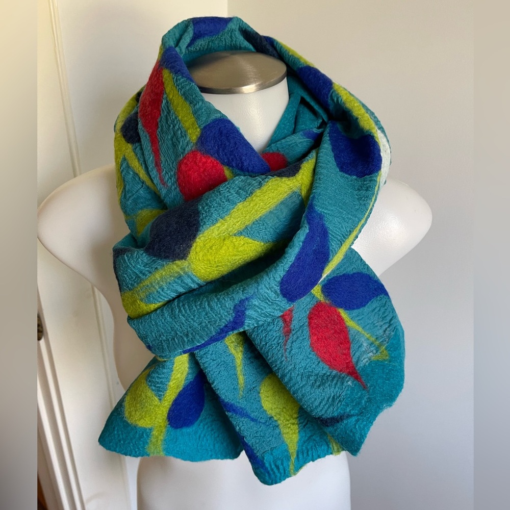 Teal Felted Wool Scarf with Multicolor Leaf Motif